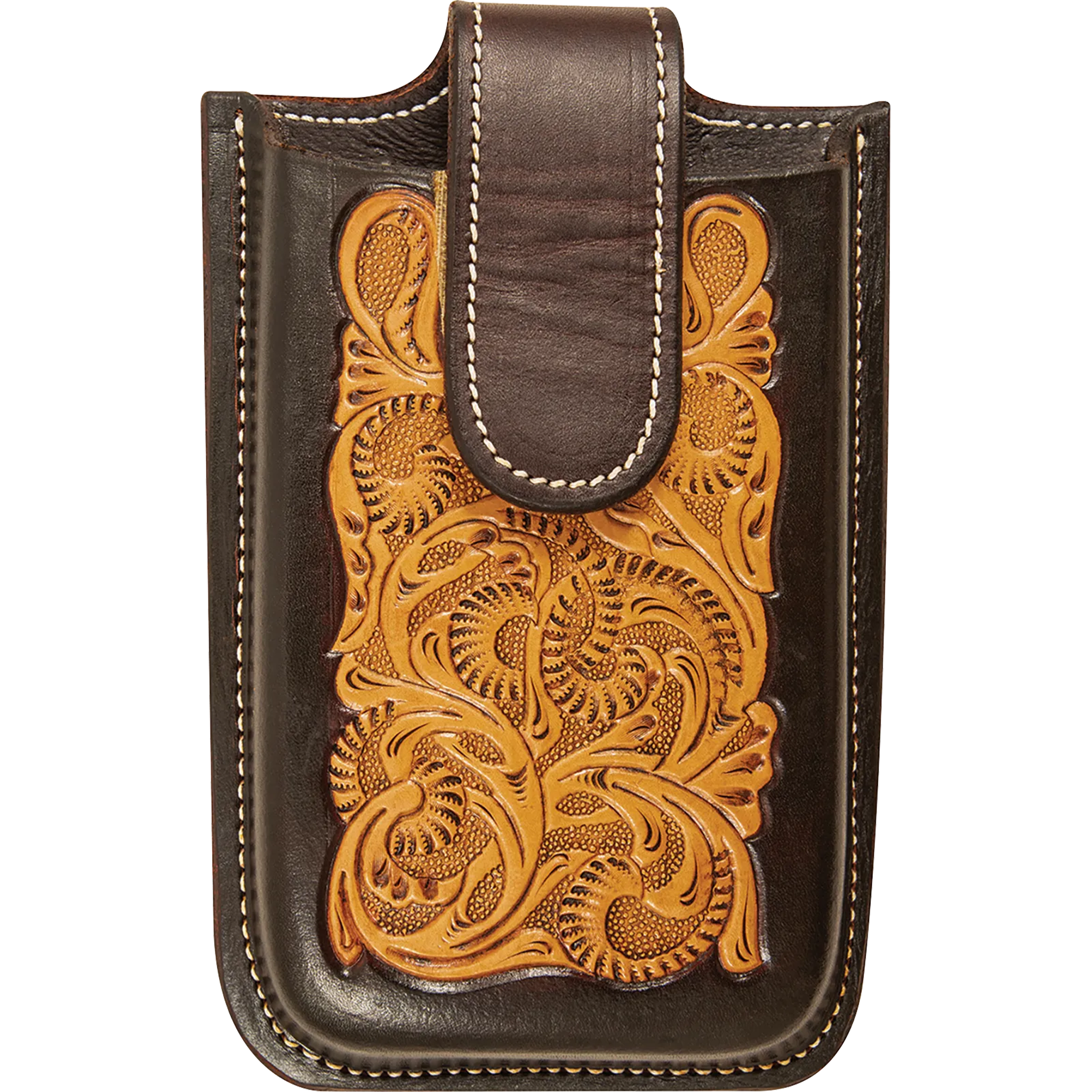 Smartphone holder with floral tooling and dyed edges, seen from the front. A light floral tooled panel fills the face inside dark dyed borders, under a dark closure flap with white stitching.