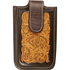 Smartphone holder with floral tooling and dyed edges, seen from the front. A light floral tooled panel fills the face inside dark dyed borders, under a dark closure flap with white stitching.