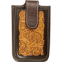 Smartphone holder with floral tooling and dyed edges, seen from the front. A light floral tooled panel fills the face inside dark dyed borders, under a dark closure flap with white stitching.