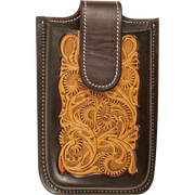 Smartphone holder with floral tooling and dyed edges, seen from the front. A light floral tooled panel fills the face inside dark dyed borders, under a dark closure flap with white stitching.