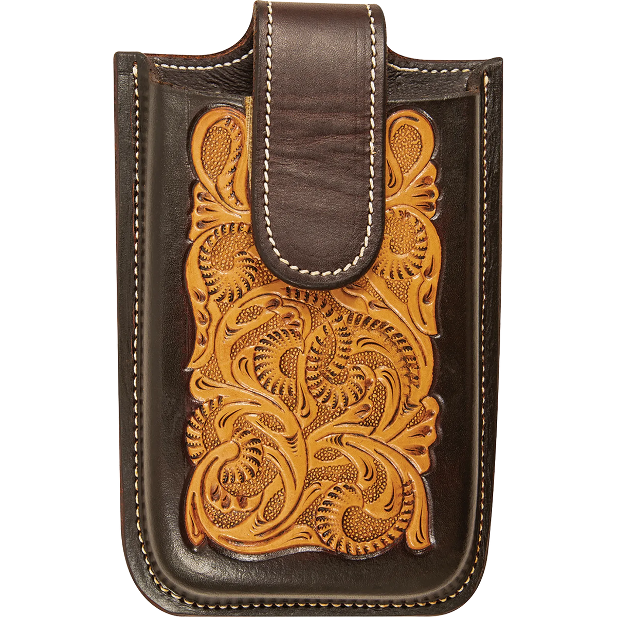 Smartphone holder with floral tooling and dyed edges, seen from the front. A light floral tooled panel fills the face inside dark dyed borders, under a dark closure flap with white stitching.