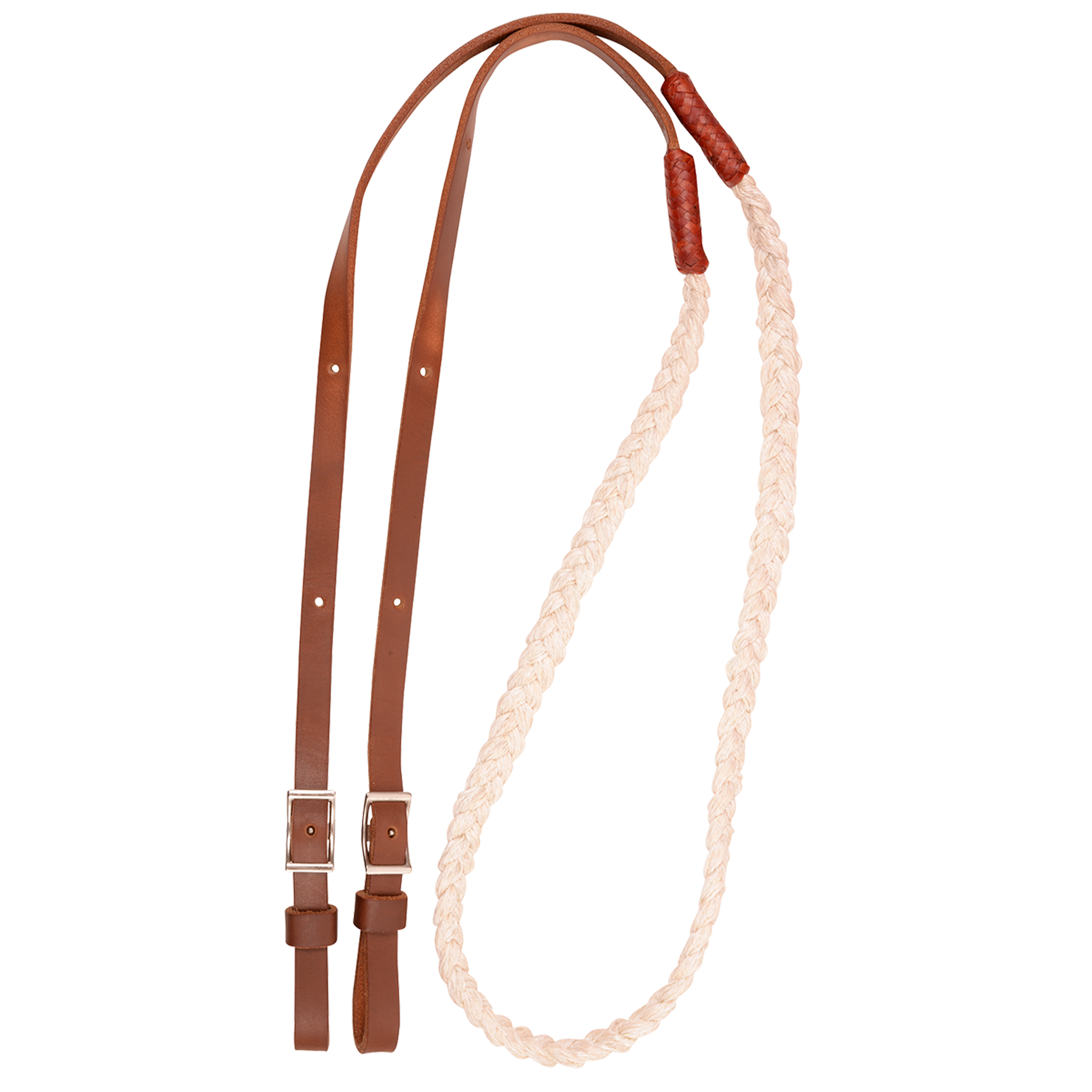 Hand braided nylon barrel rein, coiled and seen from above. The cream braided nylon section joins latigo leather ends with buckles, made by Martin Saddlery for barrel racing.