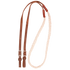 Hand braided nylon barrel rein, coiled and seen from above. The cream braided nylon section joins latigo leather ends with buckles, made by Martin Saddlery for barrel racing.