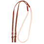 Hand braided nylon barrel rein, coiled and seen from above. The cream braided nylon section joins latigo leather ends with buckles, made by Martin Saddlery for barrel racing.