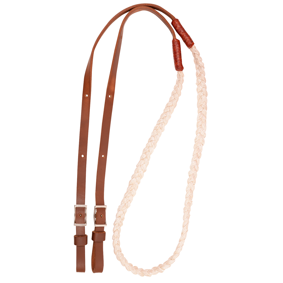 Hand braided nylon barrel rein, coiled and seen from above. The cream braided nylon section joins latigo leather ends with buckles, made by Martin Saddlery for barrel racing.