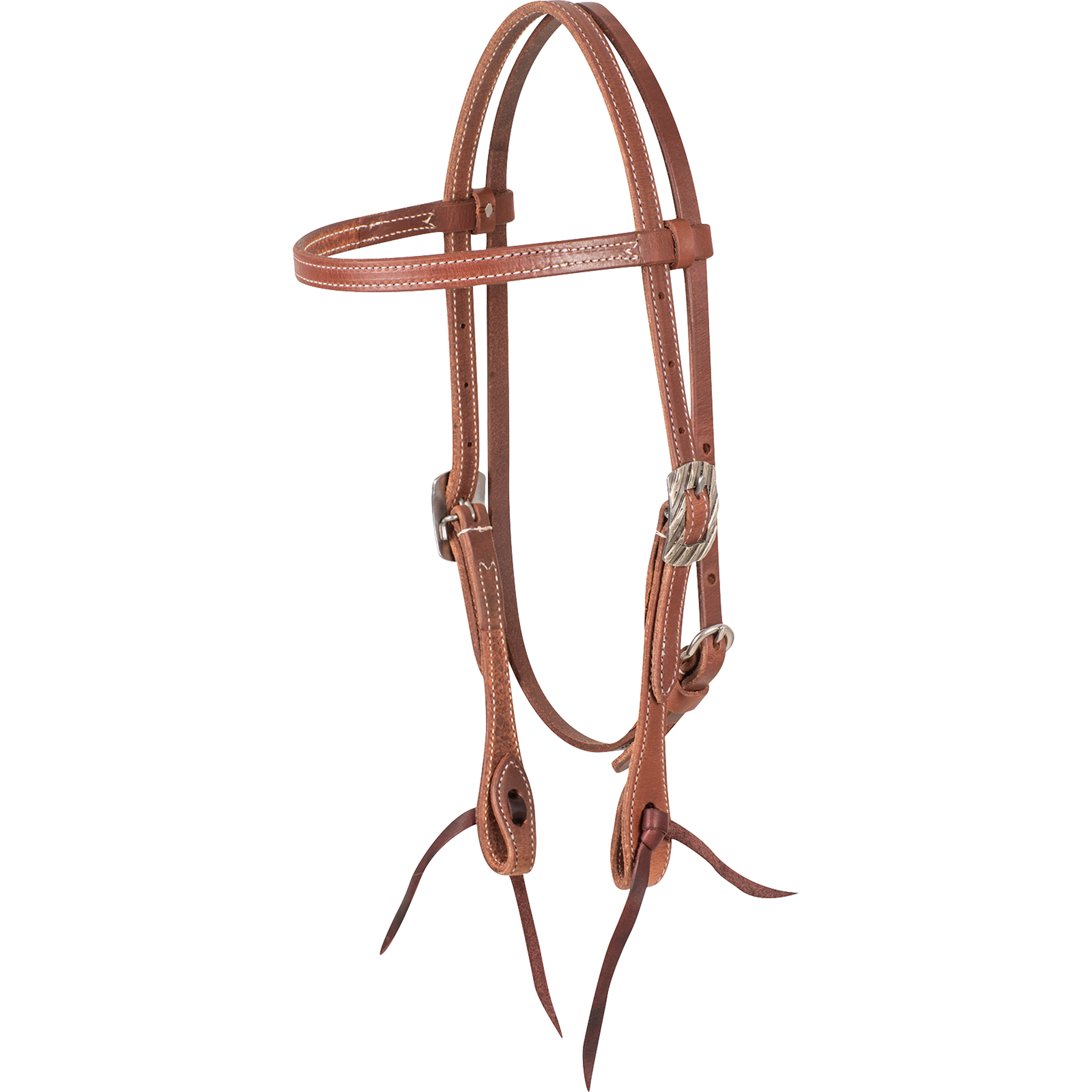 Natural harness leather browband headstall with Bandera buckles, seen from the front quarter. Stitching runs along the 5/8-inch straps, which end in dark latigo bit ties.