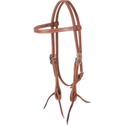 Natural harness leather browband headstall with Bandera buckles, seen from the front quarter. Stitching runs along the 5/8-inch straps, which end in dark latigo bit ties.