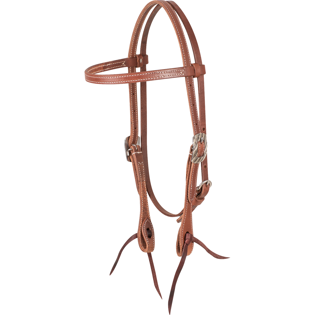 Natural harness leather browband headstall with Bandera buckles, seen from the front quarter. Stitching runs along the 5/8-inch straps, which end in dark latigo bit ties.