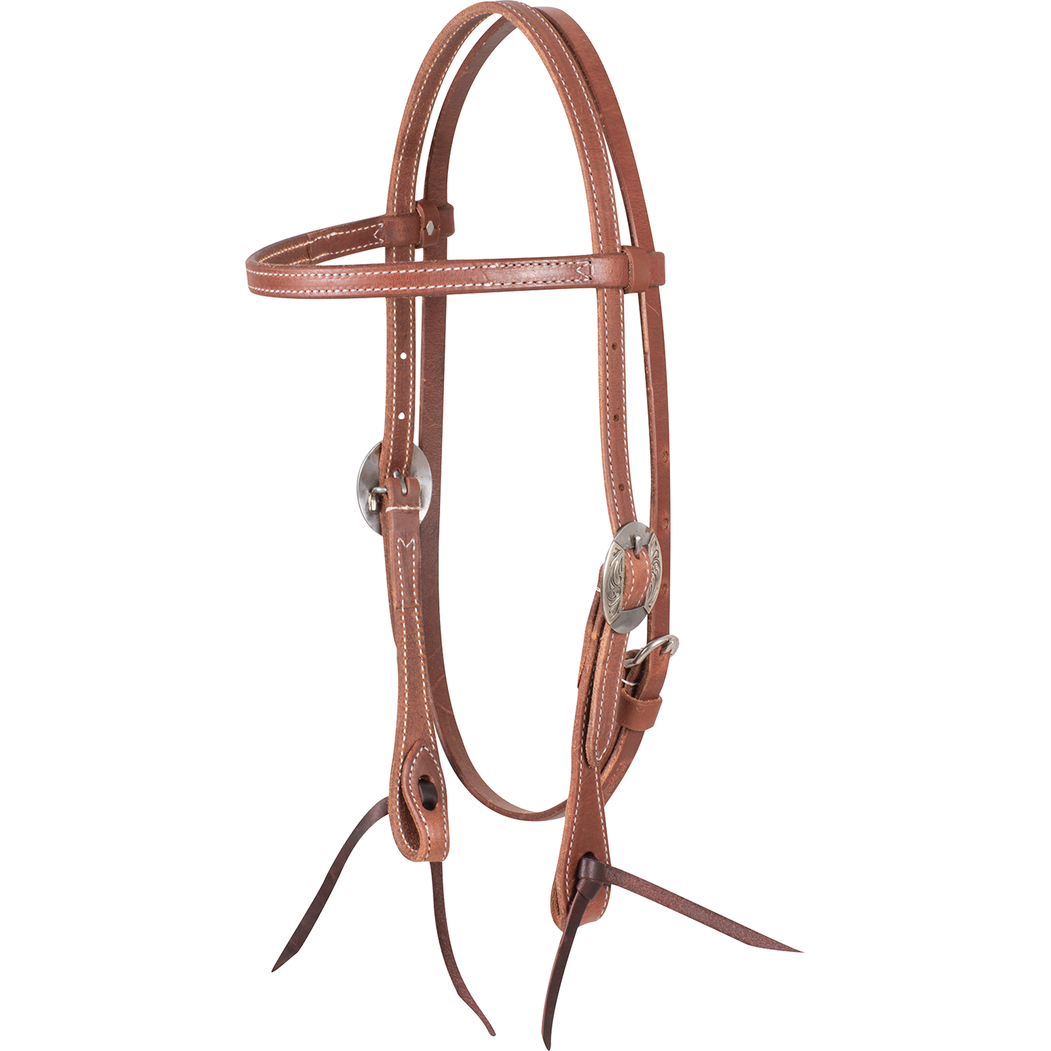Natural harness leather browband headstall with Canyon buckles, seen from the front quarter. The stitched 5/8-inch cheeks end in dark latigo bit ties.