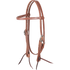 Natural harness leather browband headstall with Canyon buckles, seen from the front quarter. The stitched 5/8-inch cheeks end in dark latigo bit ties.