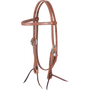 Natural harness leather browband headstall with Canyon buckles, seen from the front quarter. The stitched 5/8-inch cheeks end in dark latigo bit ties.