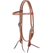 Natural harness leather browband headstall with Canyon buckles, seen from the front quarter. The stitched 5/8-inch cheeks end in dark latigo bit ties.