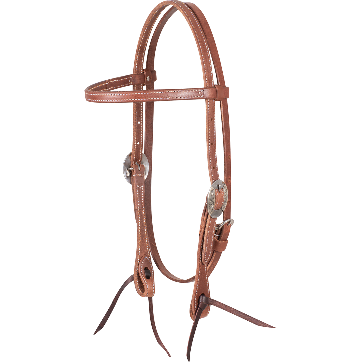 Natural harness leather browband headstall with Canyon buckles, seen from the front quarter. The stitched 5/8-inch cheeks end in dark latigo bit ties.
