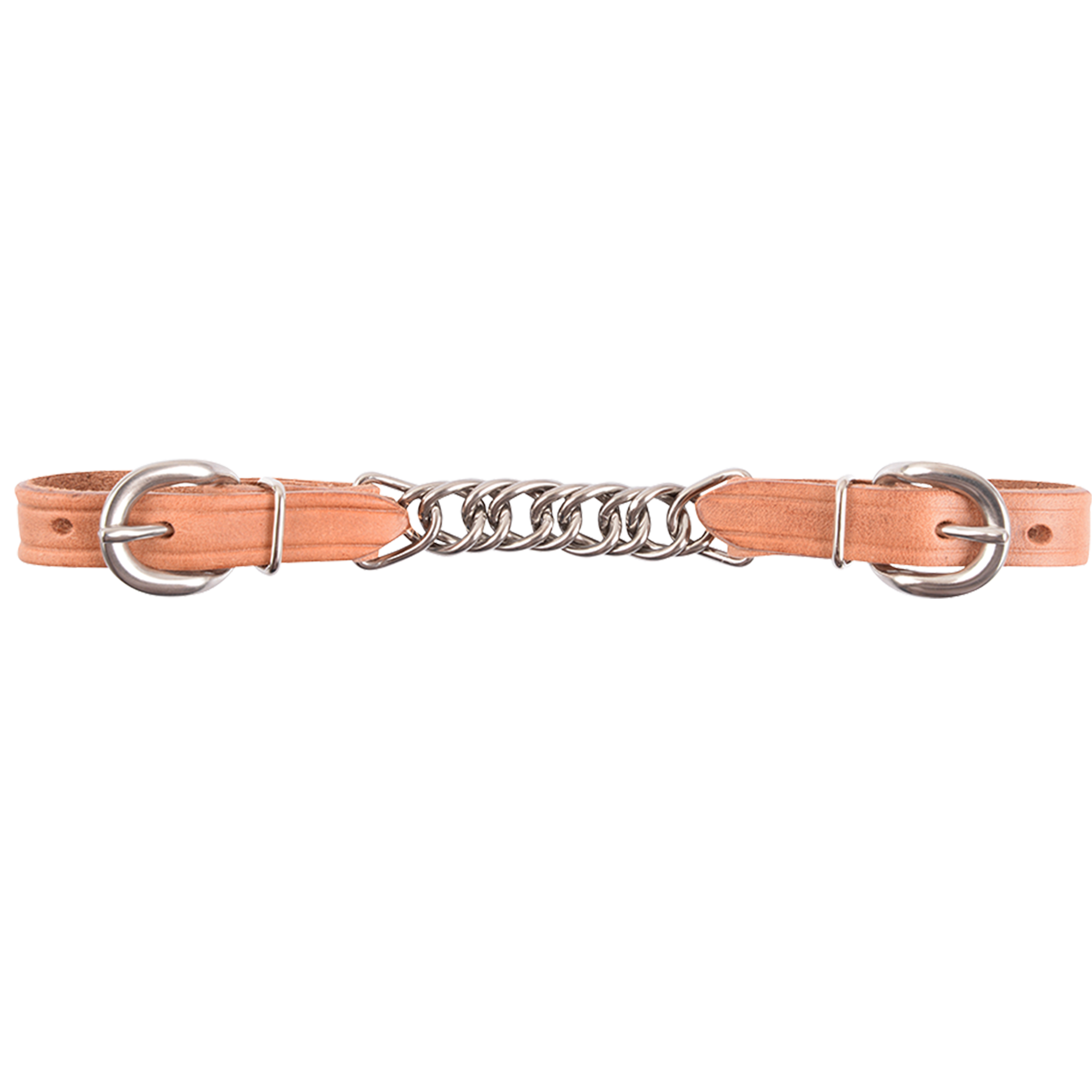 Harness flat curb chain laid out straight. A flat stainless steel chain sits between two light harness leather ends with stainless steel buckles.