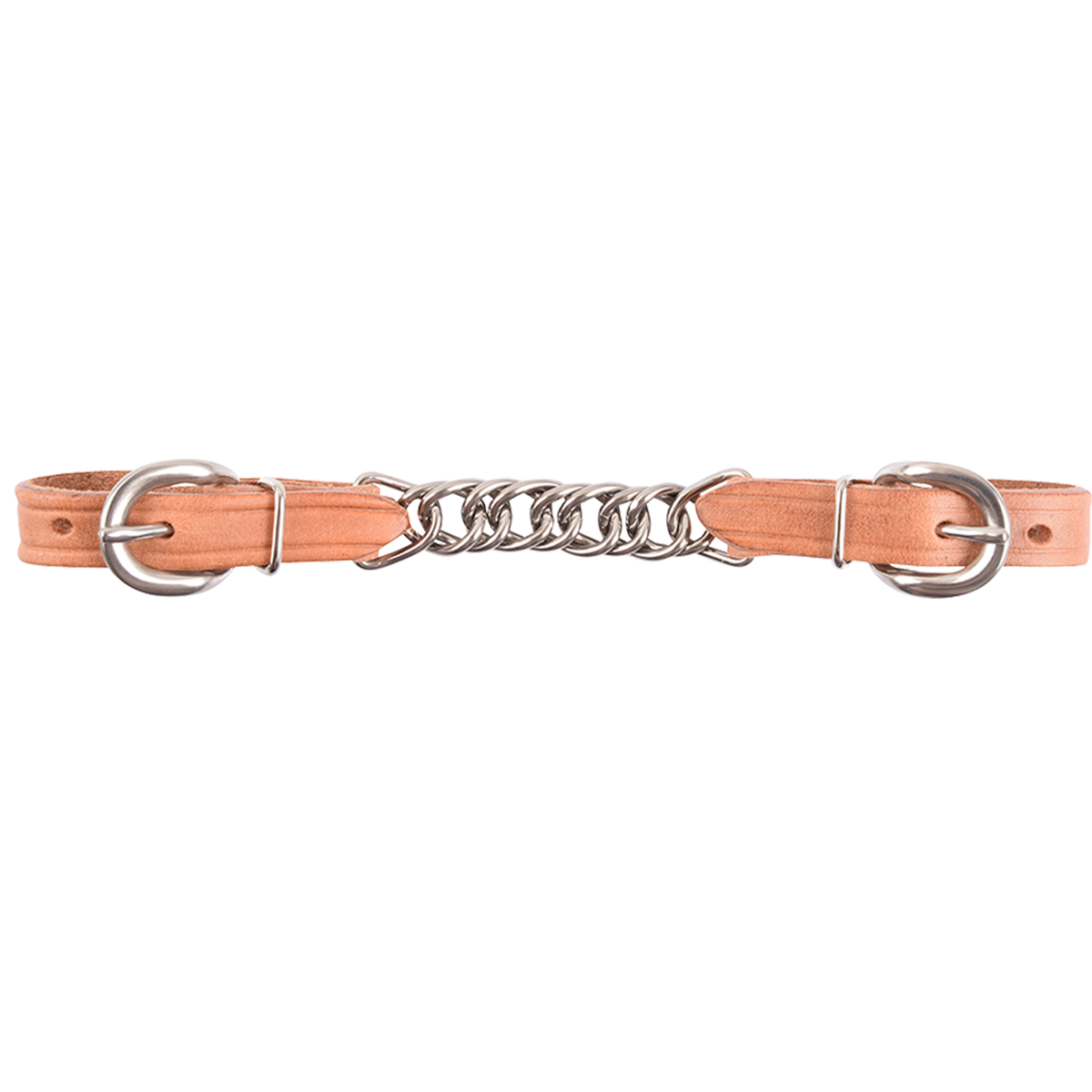 Harness flat curb chain laid out straight. A flat stainless steel chain sits between two light harness leather ends with stainless steel buckles.