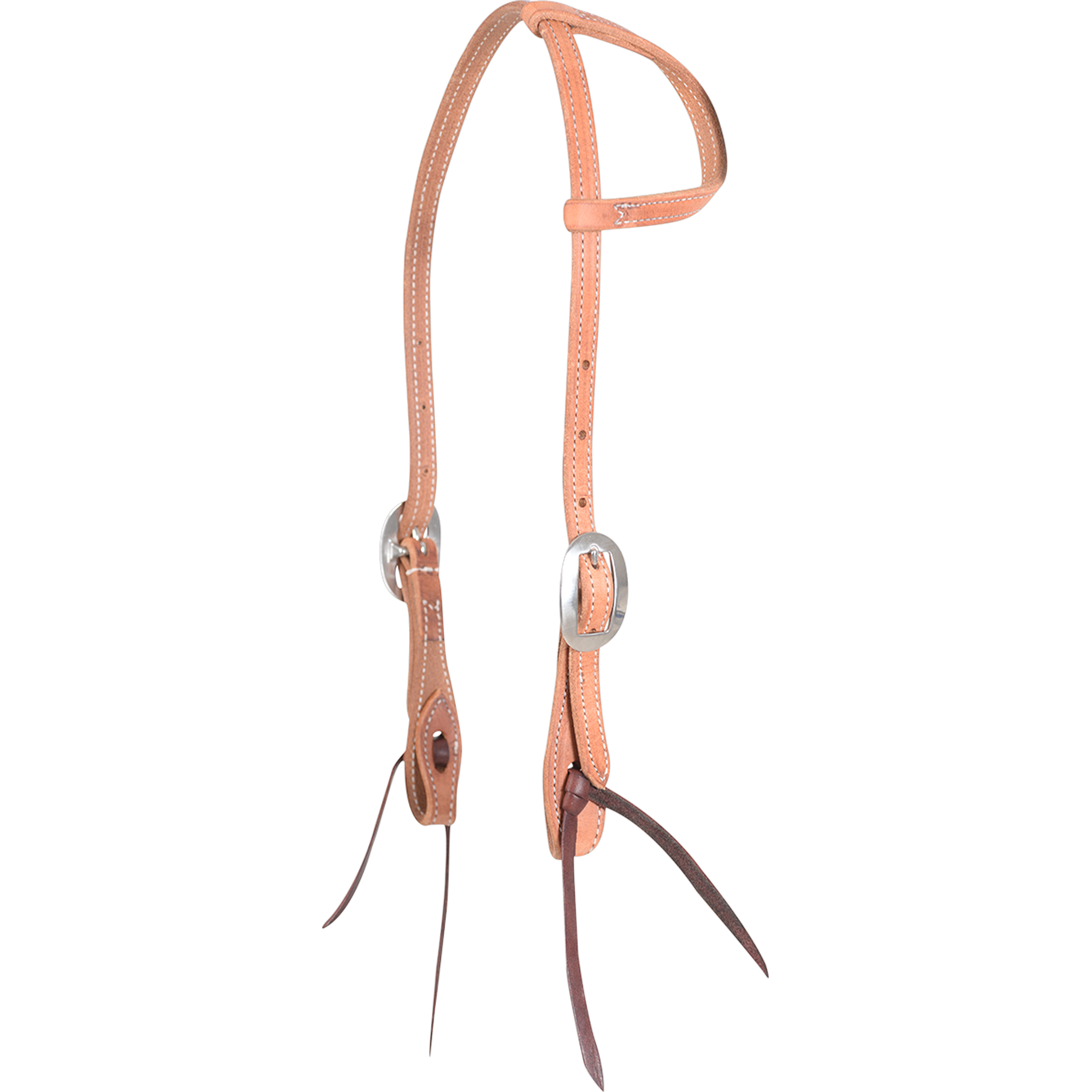 Stitched harness leather gag slip ear headstall from Martin Saddlery, seen from the front quarter. The light 5/8-inch leather has stitched edges, a slip ear loop, cart buckles and dark bit ties.