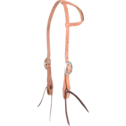 Stitched harness leather gag slip ear headstall from Martin Saddlery, seen from the front quarter. The light 5/8-inch leather has stitched edges, a slip ear loop, cart buckles and dark bit ties.
