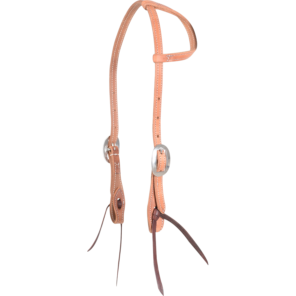 Stitched harness leather gag slip ear headstall from Martin Saddlery, seen from the front quarter. The light 5/8-inch leather has stitched edges, a slip ear loop, cart buckles and dark bit ties.