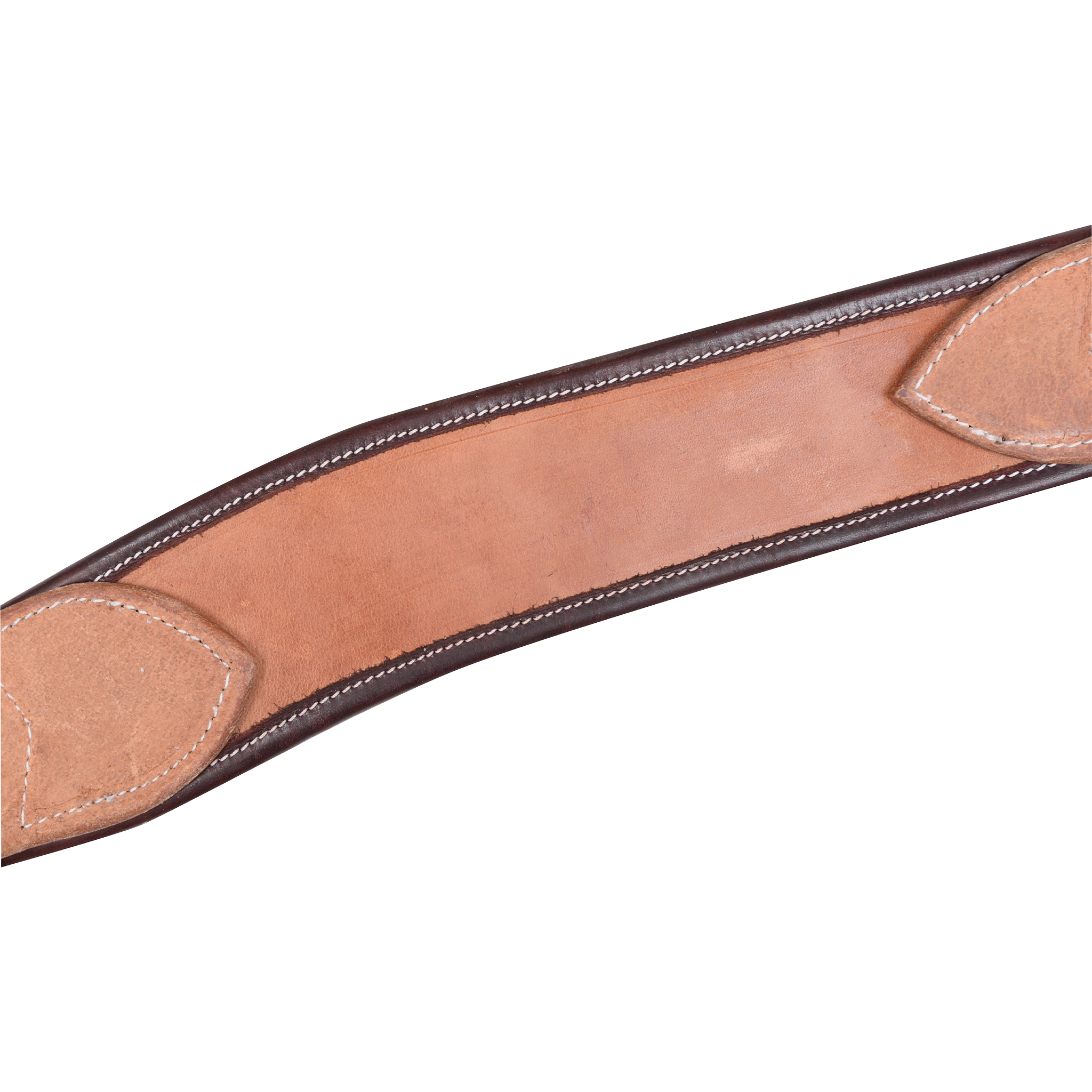 Natural harness leather breast collar strap with a dark latigo wrap along both edges. White stitching and stitched leather tabs finish the wide strap on this Martin Saddlery breast collar.