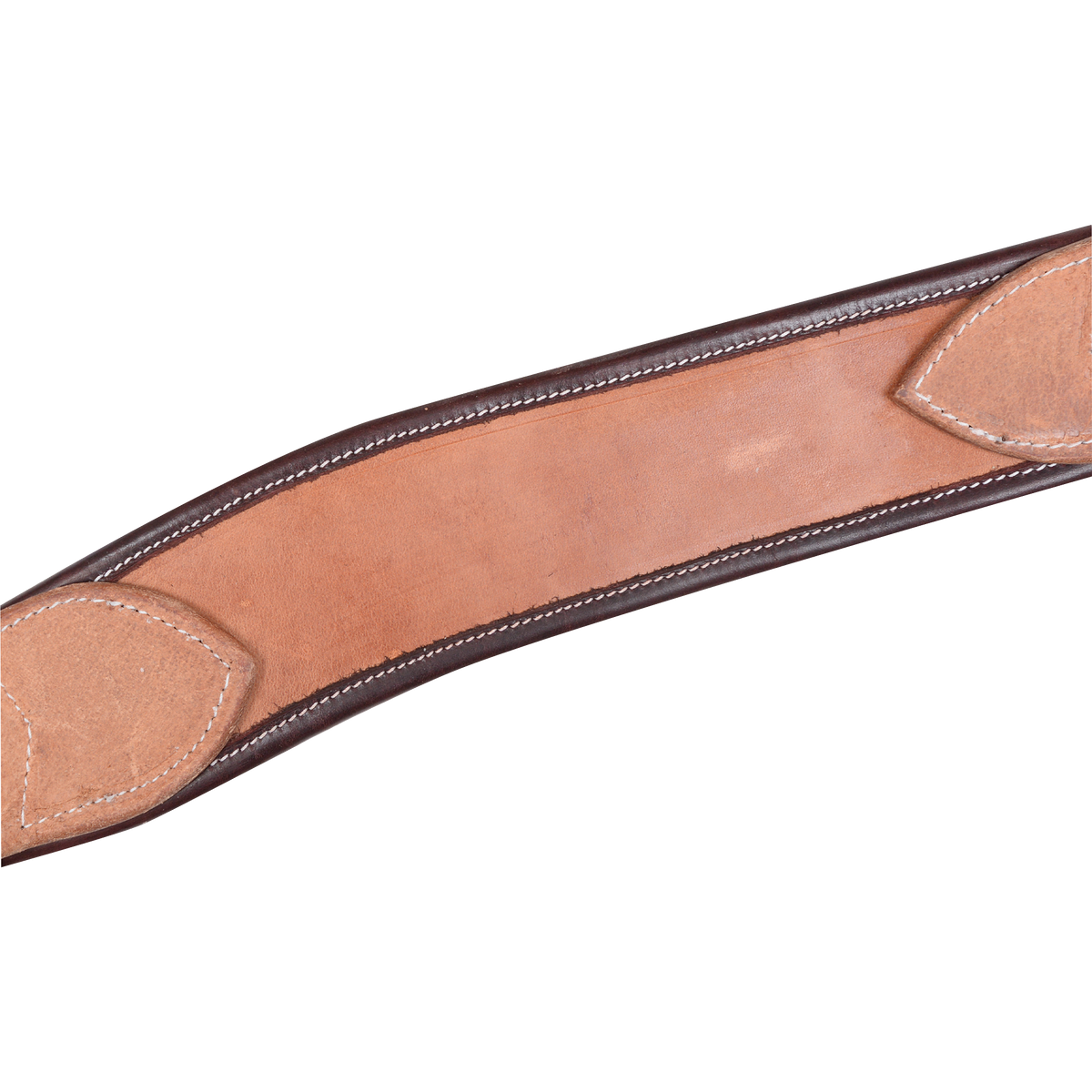 Natural harness leather breast collar strap with a dark latigo wrap along both edges. White stitching and stitched leather tabs finish the wide strap on this Martin Saddlery breast collar.