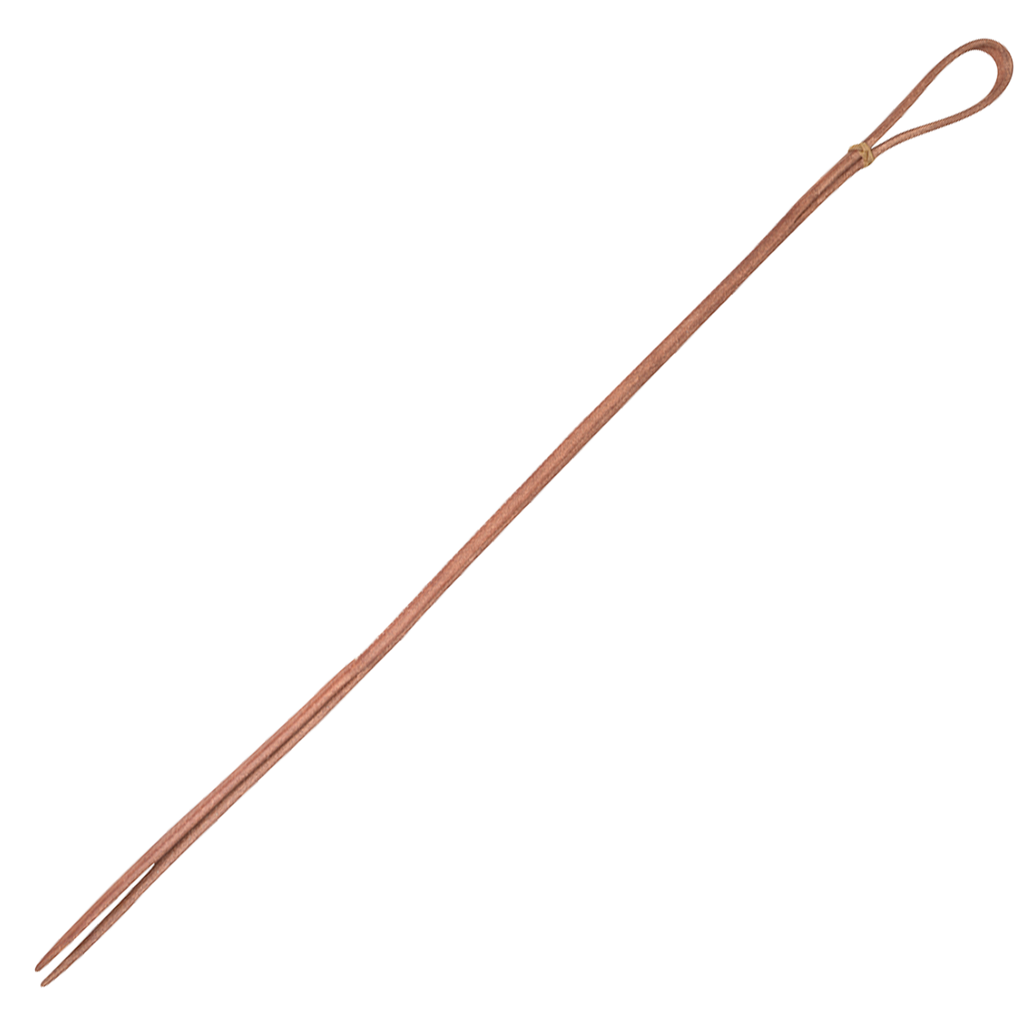 Harness leather quirt from Martin Saddlery, laid diagonally and seen from above. The 27-1/2-inch rolled leather quirt has a wrist loop at one end and splits into a popper at the other.