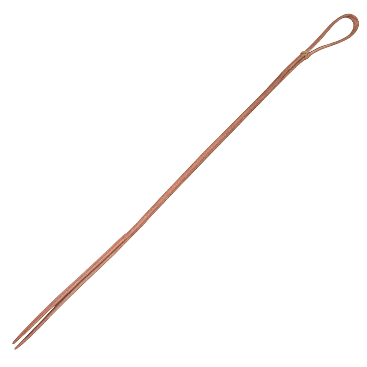 Harness leather quirt from Martin Saddlery, laid diagonally and seen from above. The 27-1/2-inch rolled leather quirt has a wrist loop at one end and splits into a popper at the other.