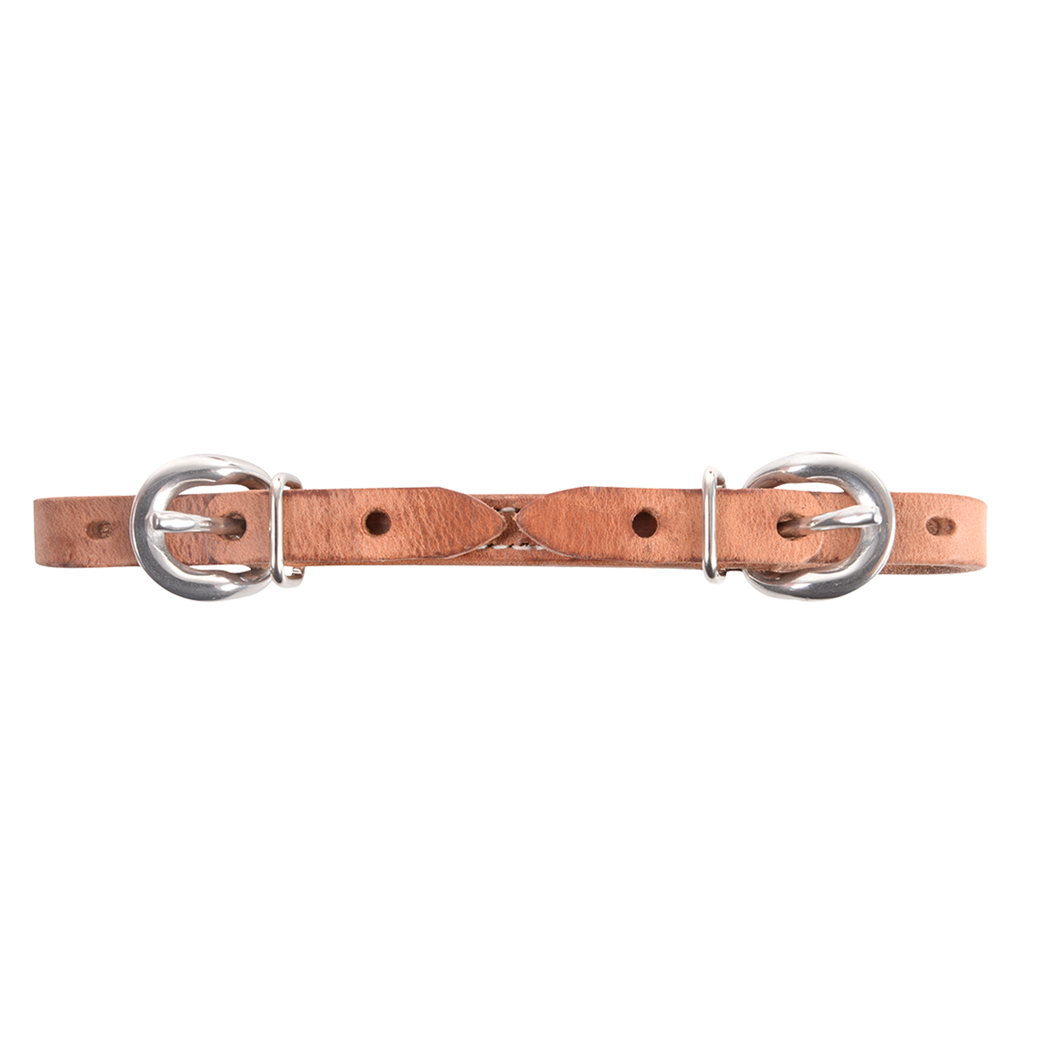 Harness leather snaffle curb strap from Martin Saddlery, laid flat and seen from above. Stainless steel buckles sit at each end of the light leather strap for length adjustment.