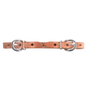 Harness leather snaffle curb strap from Martin Saddlery, laid flat and seen from above. Stainless steel buckles sit at each end of the light leather strap for length adjustment.