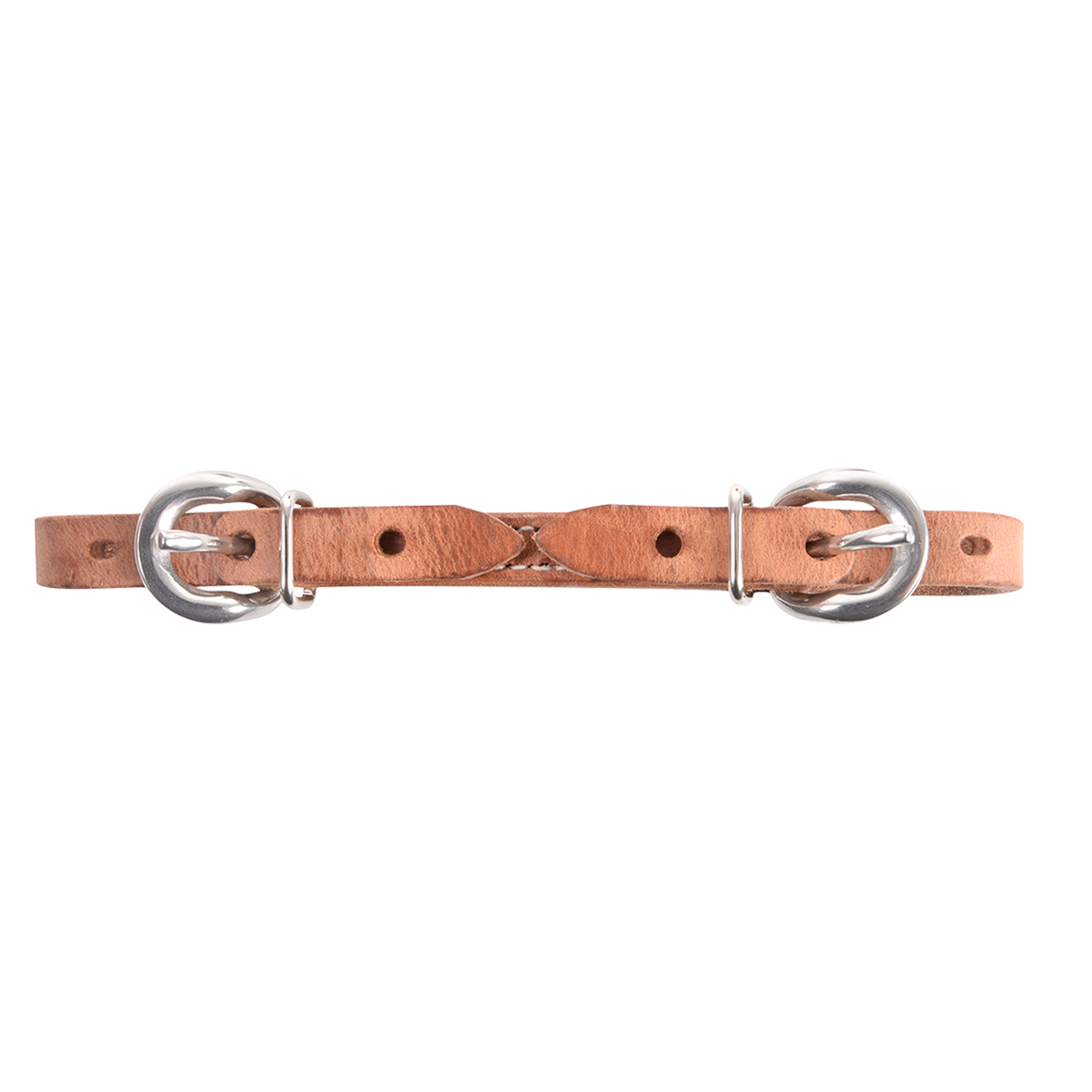 Harness leather snaffle curb strap from Martin Saddlery, laid flat and seen from above. Stainless steel buckles sit at each end of the light leather strap for length adjustment.