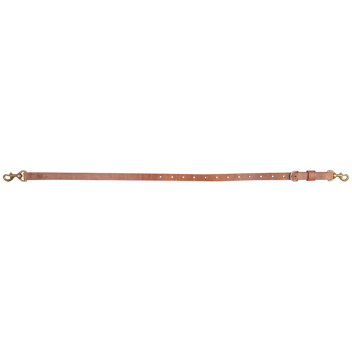 Harness leather tie-down strap from Martin Saddlery, laid out straight and seen from above. The 3/4-inch strap has a row of adjustment holes, a buckle and a snap at each end.