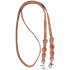 Harness leather roping rein with buckle and keeper snap ends, looped and seen from above. Leather keepers hold the folded ends below each buckle, above the snaps.