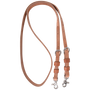 Harness leather roping rein with buckle and keeper snap ends, looped and seen from above. Leather keepers hold the folded ends below each buckle, above the snaps.