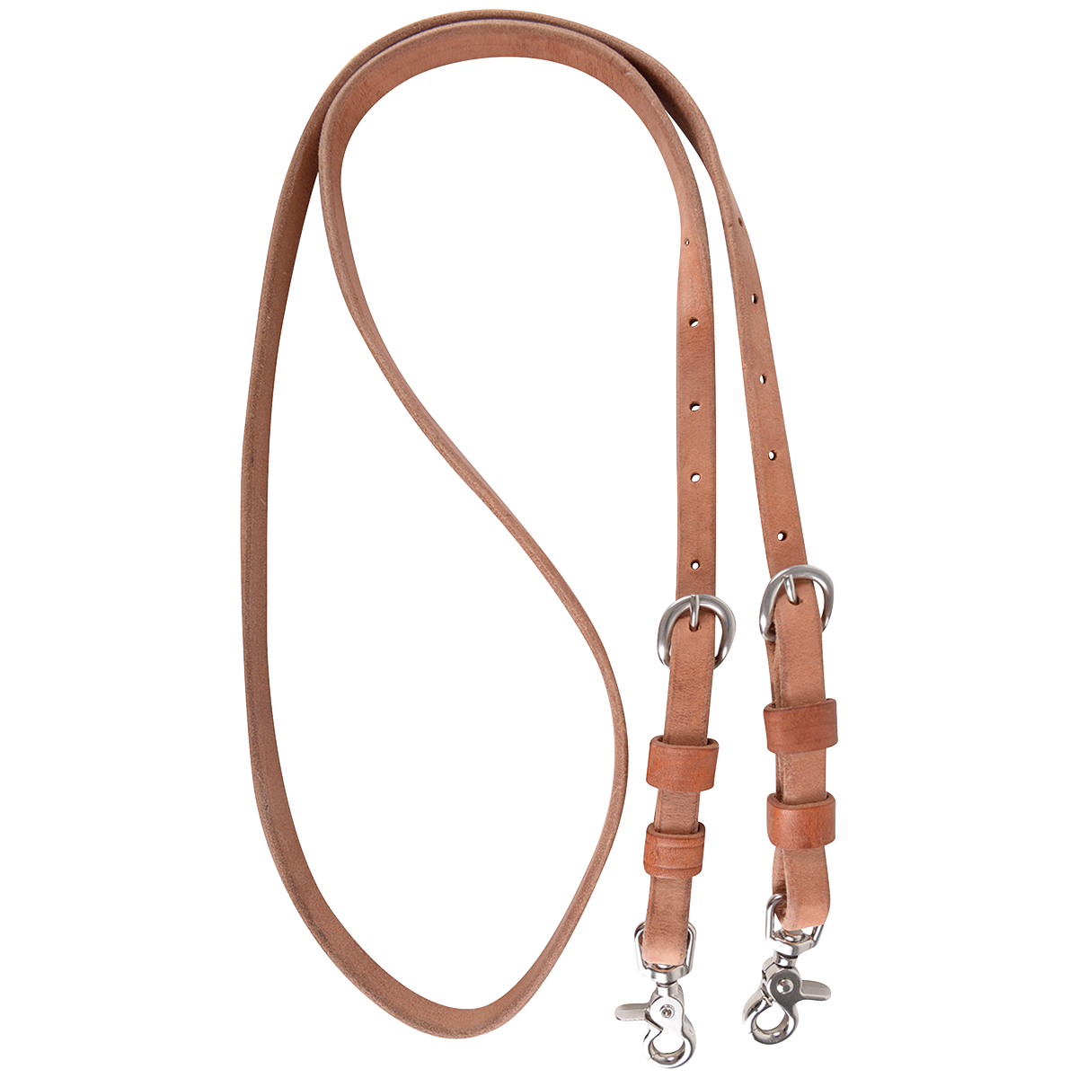Harness leather roping rein with buckle and keeper snap ends, looped and seen from above. Leather keepers hold the folded ends below each buckle, above the snaps.