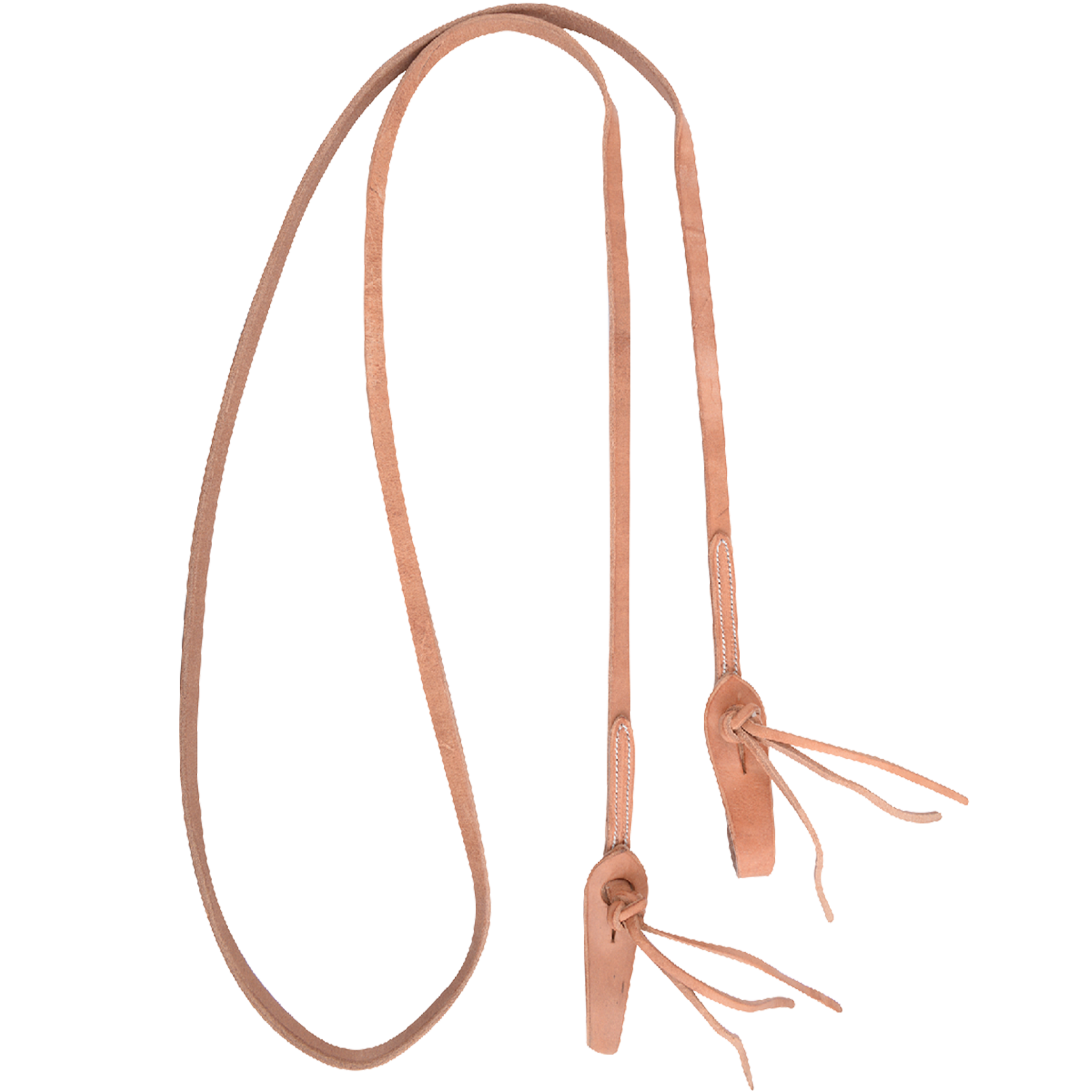 Harness leather roping rein with quick-change knot ends, looped and seen from above. Each end folds through a leather knot with ties so the rein attaches to the bit without snaps.