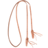 Harness leather roping rein with quick-change knot ends, looped and seen from above. Each end folds through a leather knot with ties so the rein attaches to the bit without snaps.