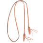 Harness leather roping rein with quick-change knot ends, looped and seen from above. Each end folds through a leather knot with ties so the rein attaches to the bit without snaps.