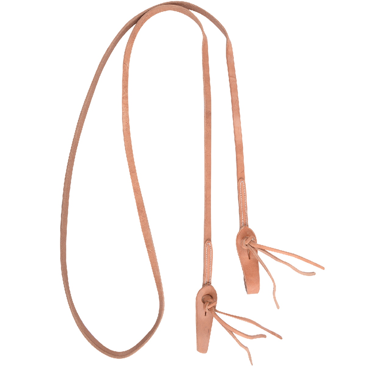 Harness leather roping rein with quick-change knot ends, looped and seen from above. Each end folds through a leather knot with ties so the rein attaches to the bit without snaps.