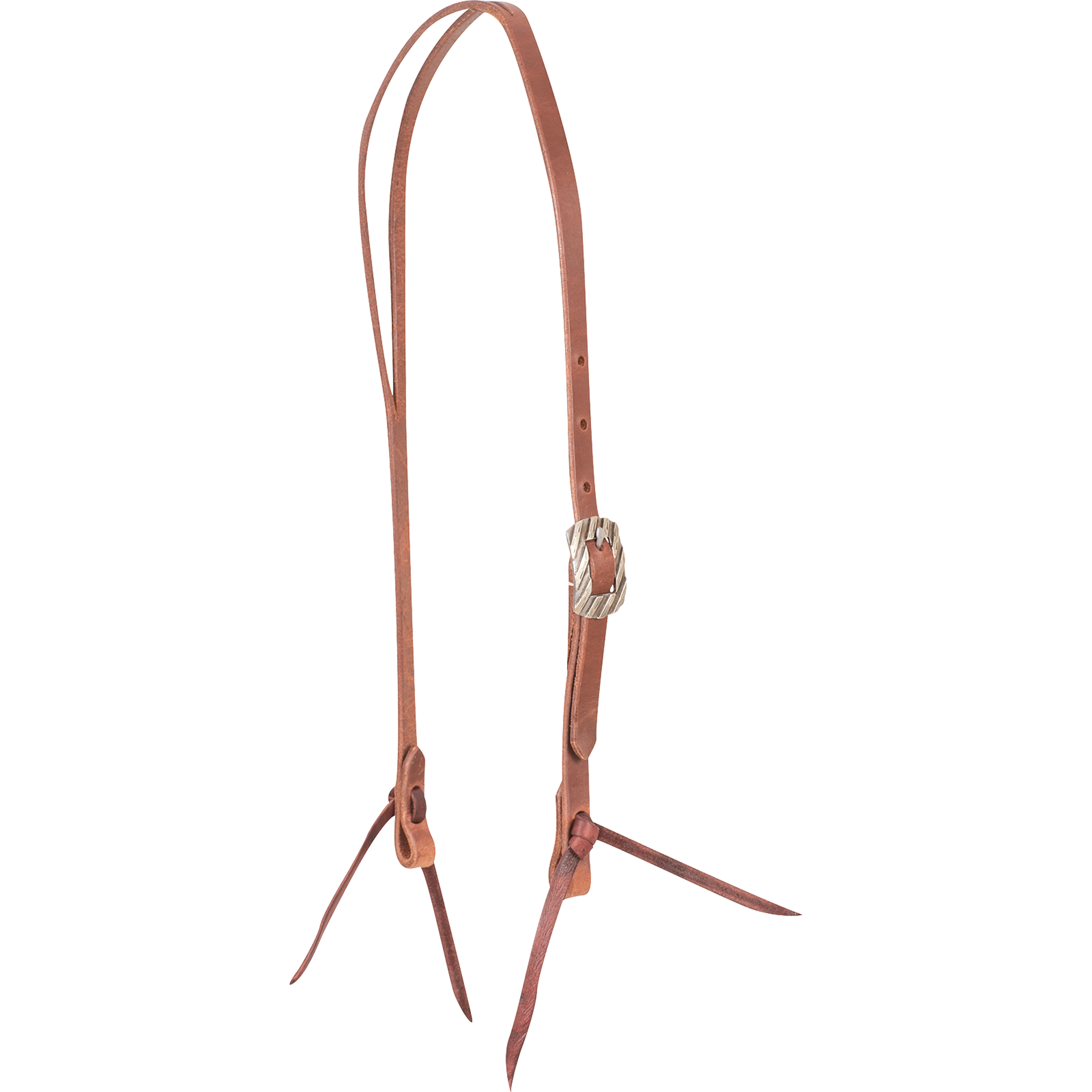 Natural harness leather split ear headstall with a Bandera buckle, seen from the front quarter. The engraved buckle sits on the cheek of the 5/8-inch strap, which ends in latigo bit ties.