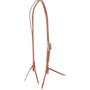 Natural harness leather split ear headstall with a Bandera buckle, seen from the front quarter. The engraved buckle sits on the cheek of the 5/8-inch strap, which ends in latigo bit ties.