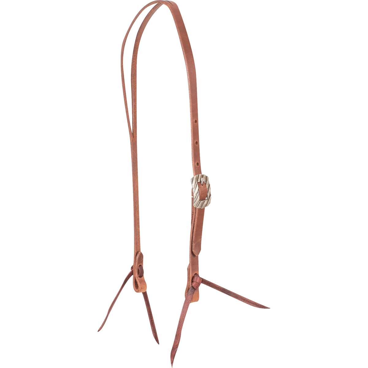 Natural harness leather split ear headstall with a Bandera buckle, seen from the front quarter. The engraved buckle sits on the cheek of the 5/8-inch strap, which ends in latigo bit ties.