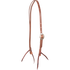 Natural harness leather split ear headstall with a Canyon buckle, seen from the front quarter. An engraved oval buckle adjusts the cheek of the 5/8-inch strap, and latigo ties hold the bit.