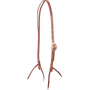 Natural harness leather split ear headstall with a Canyon buckle, seen from the front quarter. An engraved oval buckle adjusts the cheek of the 5/8-inch strap, and latigo ties hold the bit.