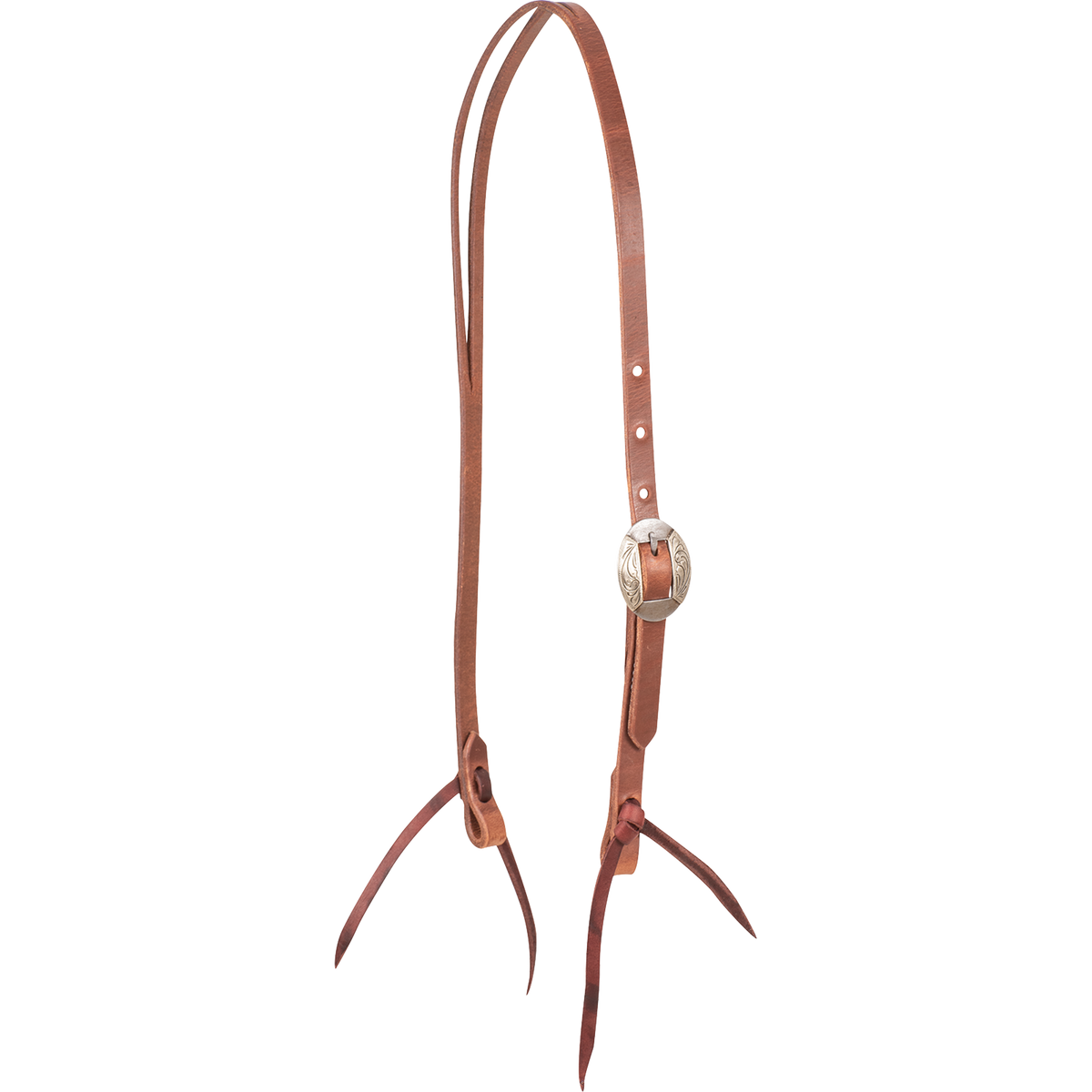 Natural harness leather split ear headstall with a Canyon buckle, seen from the front quarter. An engraved oval buckle adjusts the cheek of the 5/8-inch strap, and latigo ties hold the bit.