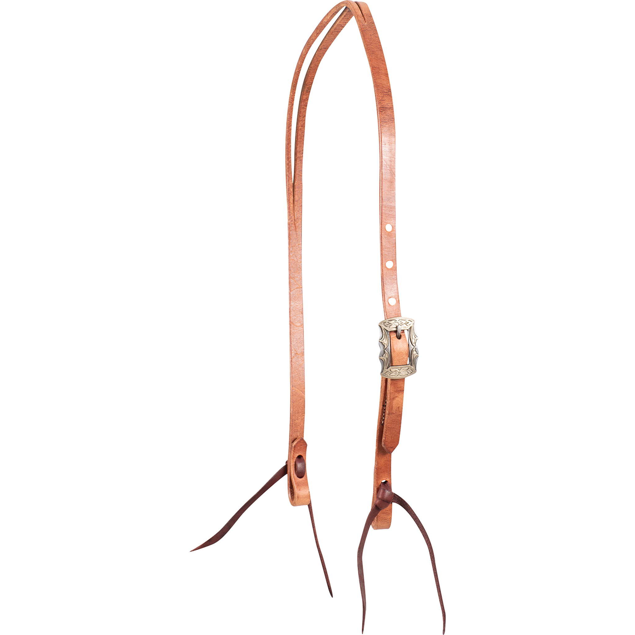 Natural harness leather split ear headstall with a Prescott buckle, seen from the front quarter. The engraved square buckle with scalloped edges sits on the cheek, above latigo bit ties.