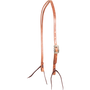 Natural harness leather split ear headstall with a Prescott buckle, seen from the front quarter. The engraved square buckle with scalloped edges sits on the cheek, above latigo bit ties.