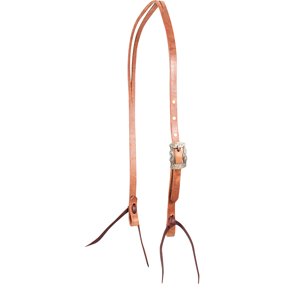 Natural harness leather split ear headstall with a Prescott buckle, seen from the front quarter. The engraved square buckle with scalloped edges sits on the cheek, above latigo bit ties.