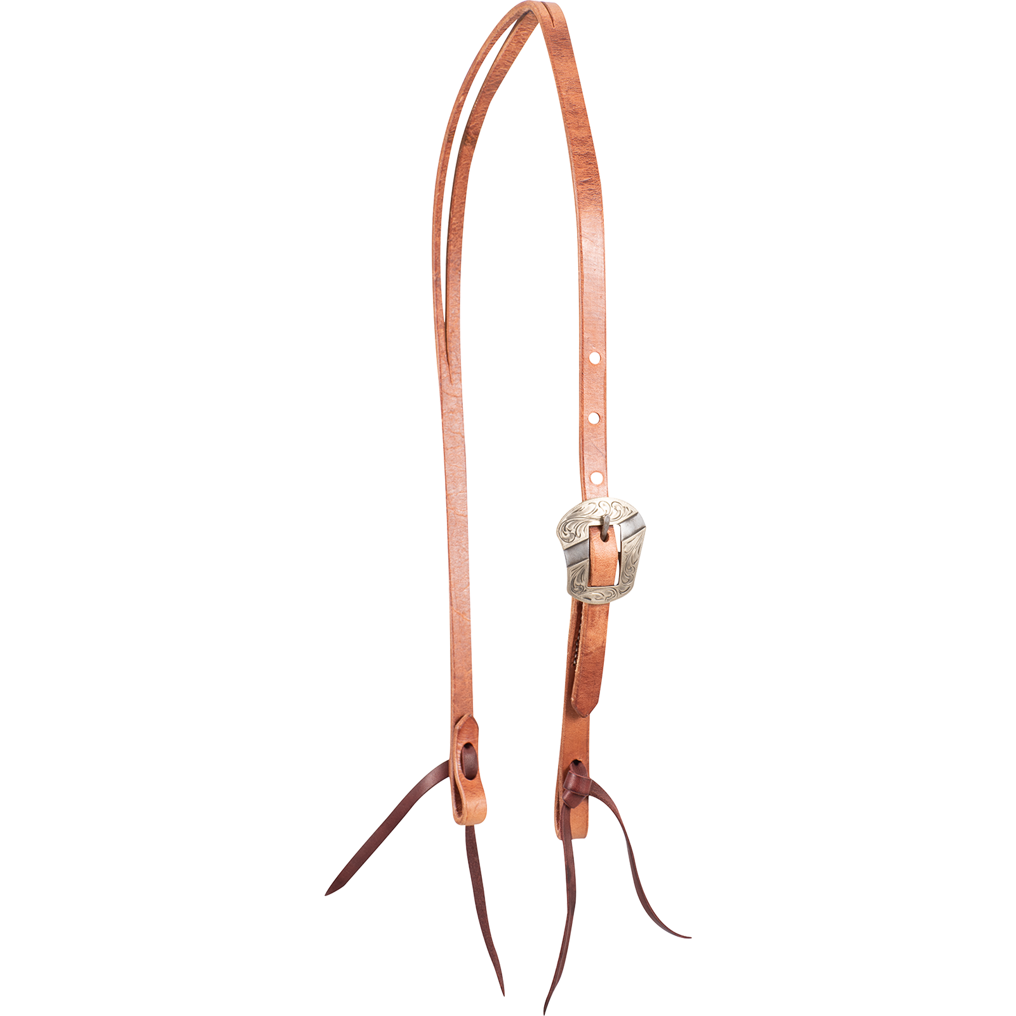 Natural harness leather split ear headstall with a Salinas buckle, seen from the front quarter. The engraved, shaped buckle sits on the cheek of the 5/8-inch strap above latigo bit ties.
