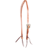 Natural harness leather split ear headstall with a Salinas buckle, seen from the front quarter. The engraved, shaped buckle sits on the cheek of the 5/8-inch strap above latigo bit ties.