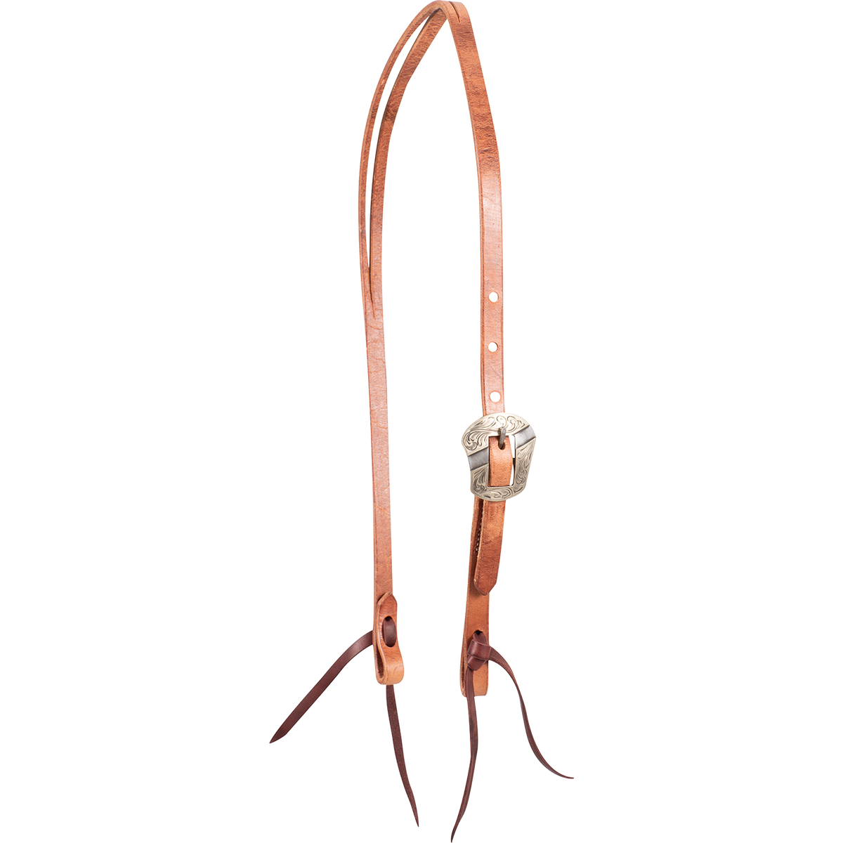 Natural harness leather split ear headstall with a Salinas buckle, seen from the front quarter. The engraved, shaped buckle sits on the cheek of the 5/8-inch strap above latigo bit ties.