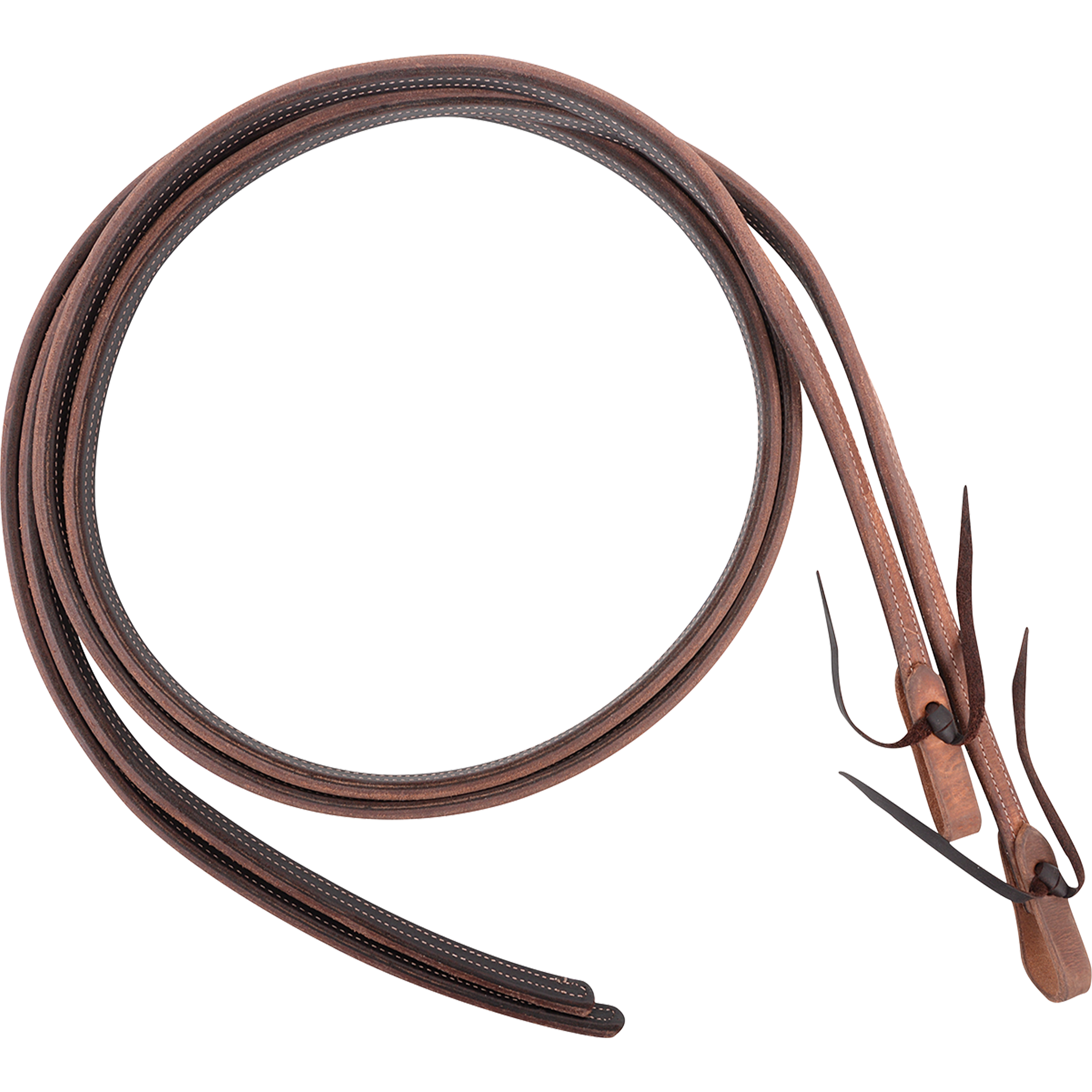 Heavy harness and latigo split reins, coiled and seen from above. Harness leather faces a darker latigo backing, stitched together along both edges down to the tied ends.